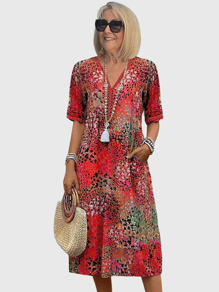 Melanie | Damen Bedrucktes V-Ausschnitt Midi-Kleid