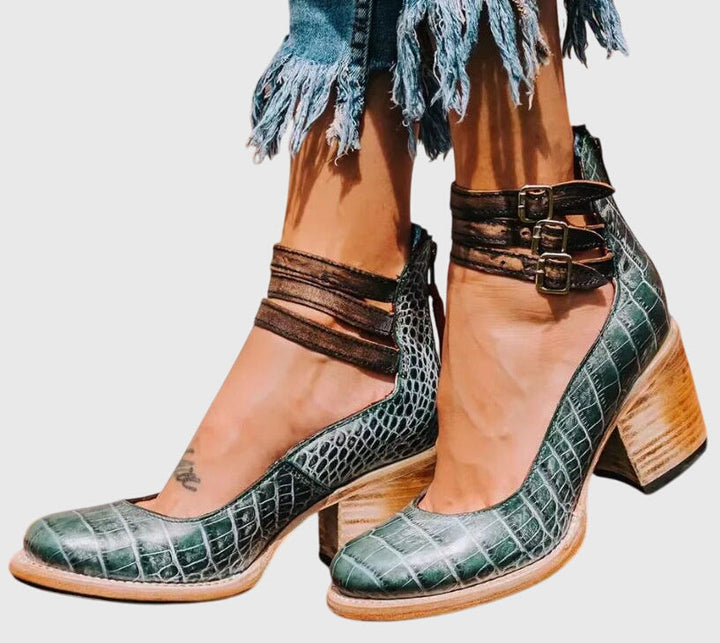 Bonnie | Damen Schnallenverschluss Knöchelriemen Stiefeletten mit Blockabsatz