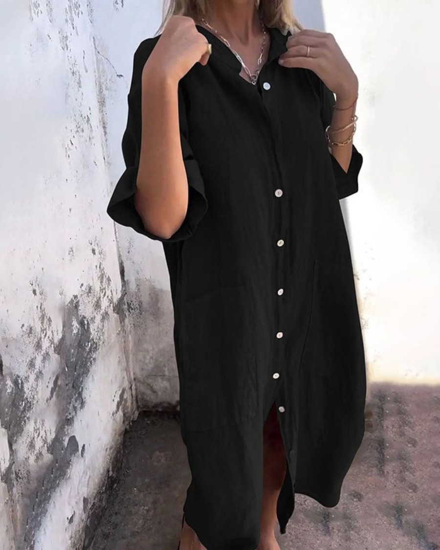 Beth | Damen Midi Kleid mit langen Ärmeln und Knopfleiste vorne