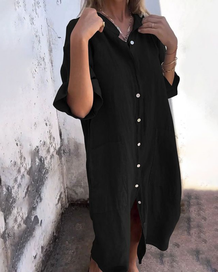 Beth | Damen Midi Kleid mit langen Ärmeln und Knopfleiste vorne