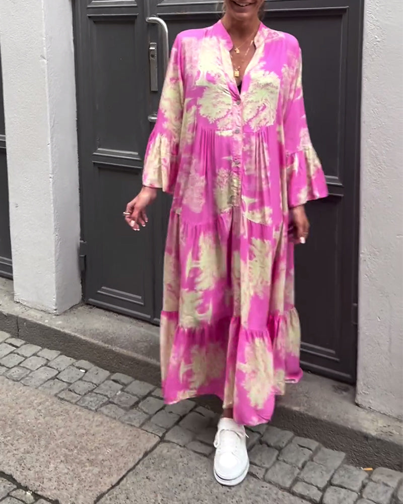 Maxi-jurk met print, volantmouwen & staande kraag – Stijlvol & Luchtig