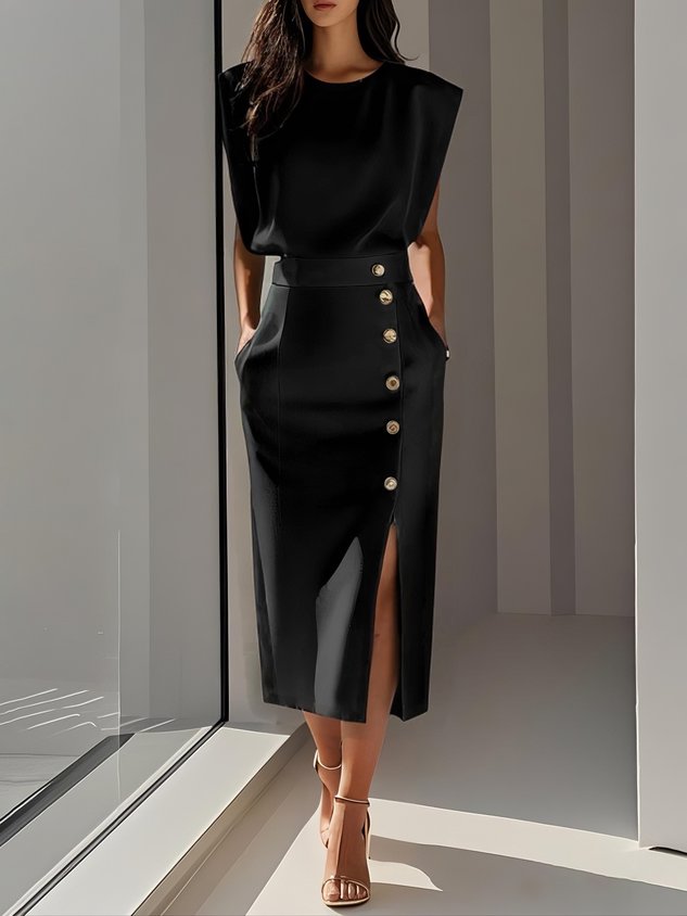 Emma | Damen Ärmelloses Midikleid mit Knopfdetail