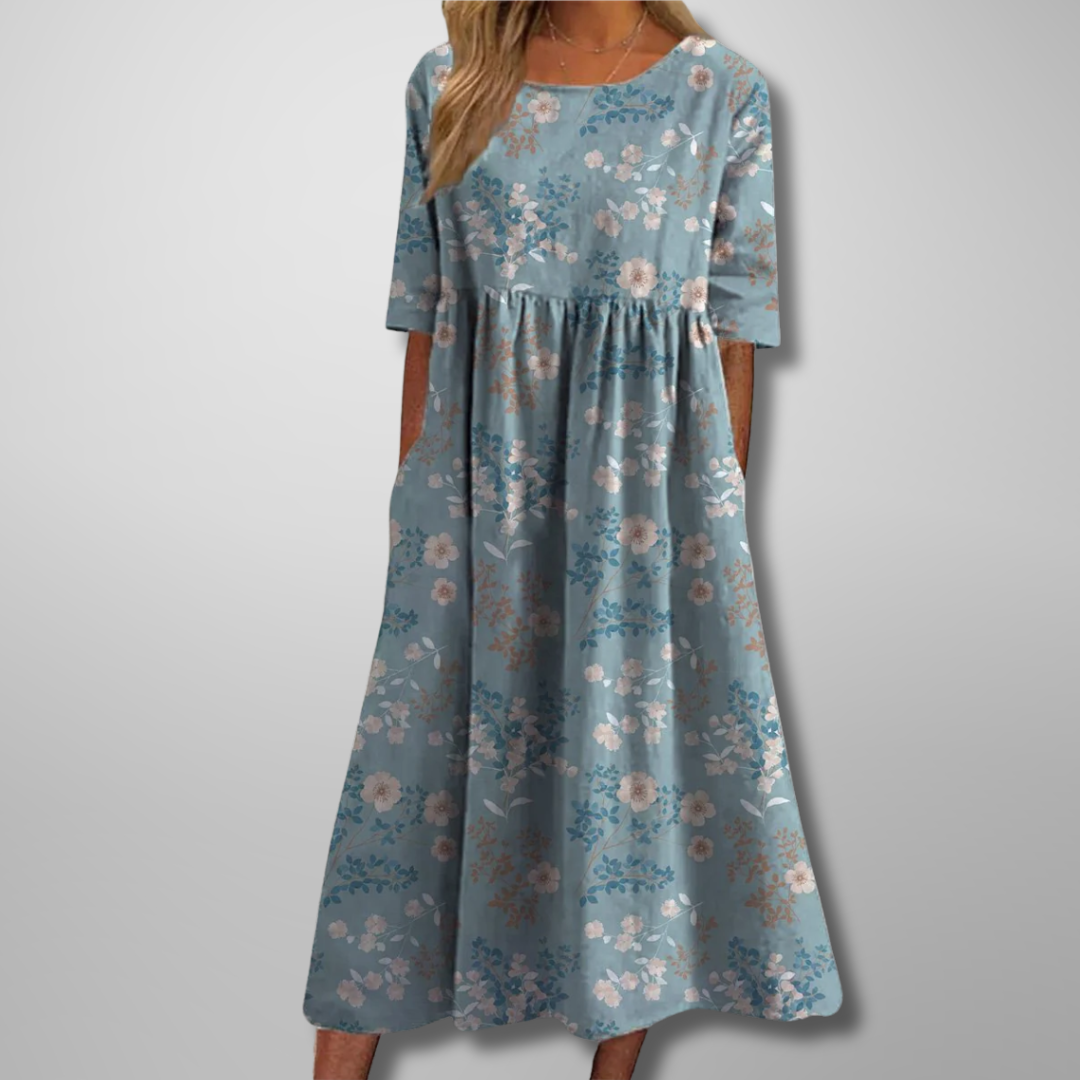Kendra | Damen Blumenprint Midi Kleid mit Rundhalsausschnitt