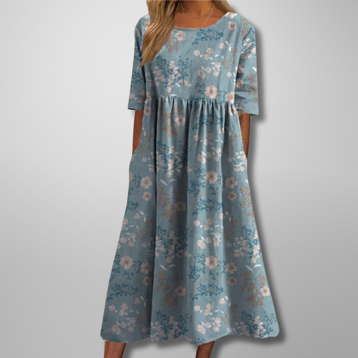 Kendra | Damen Blumenprint Midi Kleid mit Rundhalsausschnitt