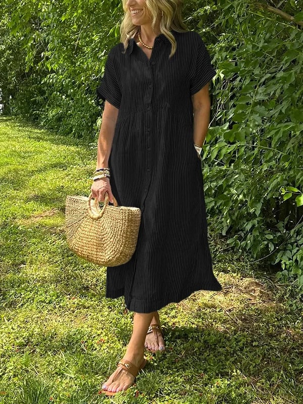 Dahlia | Damen Gestreiftes Midi Kleid mit Knopfleiste vorne