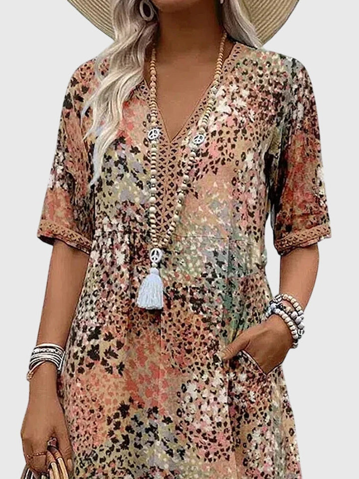 Melanie | Damen Bedrucktes V-Ausschnitt Midi-Kleid