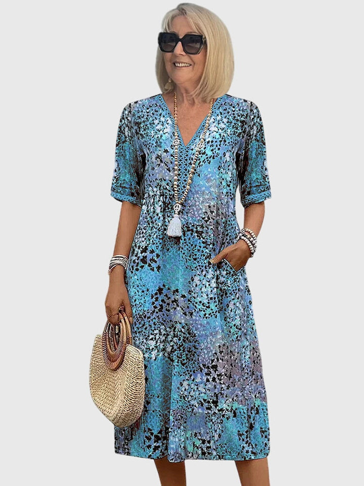 Melanie | Damen Bedrucktes V-Ausschnitt Midi-Kleid