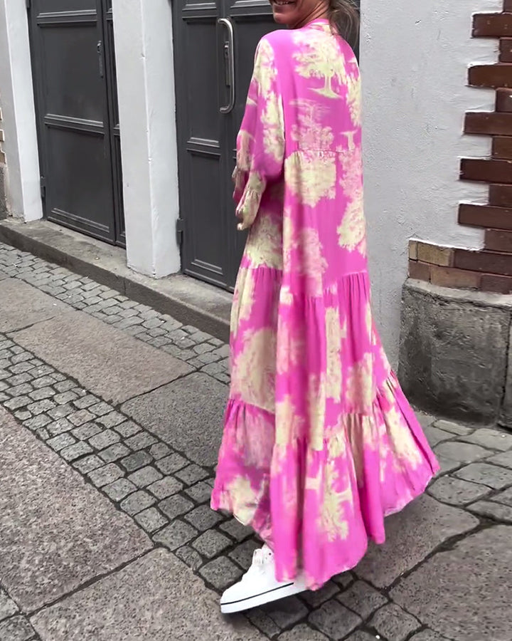Maxi-jurk met print, volantmouwen & staande kraag – Stijlvol & Luchtig