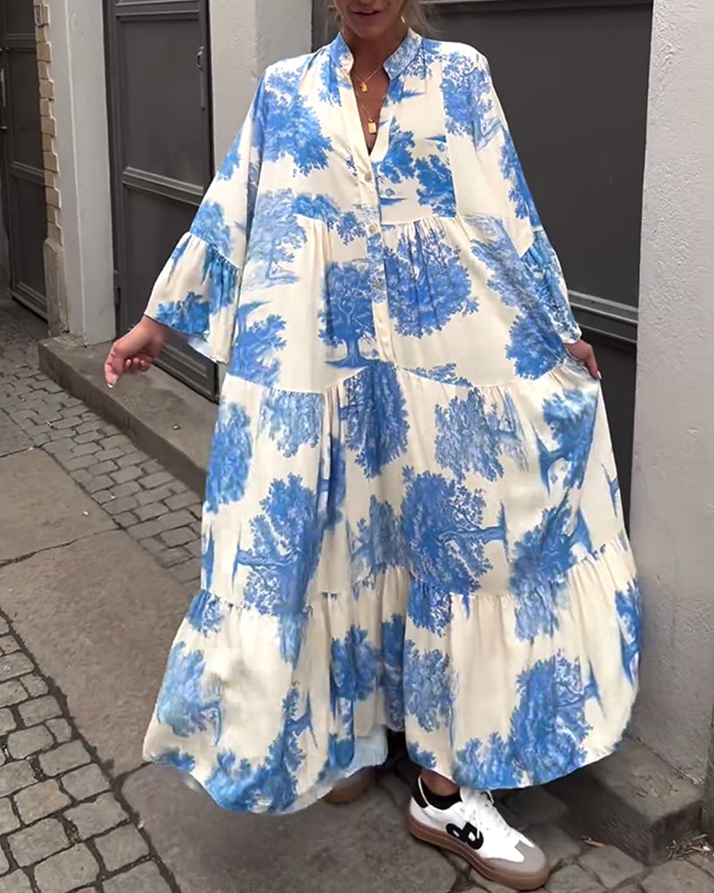 Maxi-jurk met print, volantmouwen & staande kraag – Stijlvol & Luchtig
