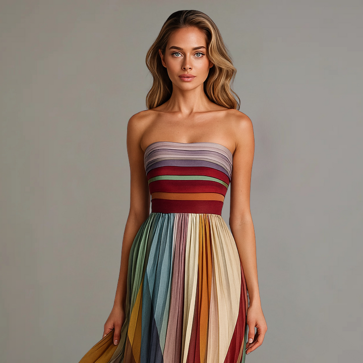 Gwen | Dames Straploos Geplooid Colorblock Maxi Jurk