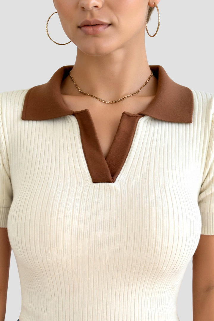 Lässiges Polo Farbblock geripptes Kragen-Stricktop