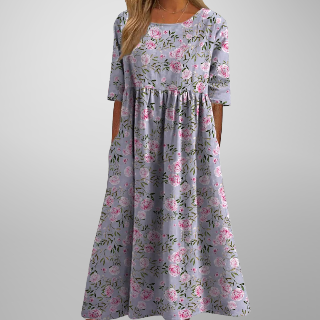 Kendra | Damen Blumenprint Midi Kleid mit Rundhalsausschnitt