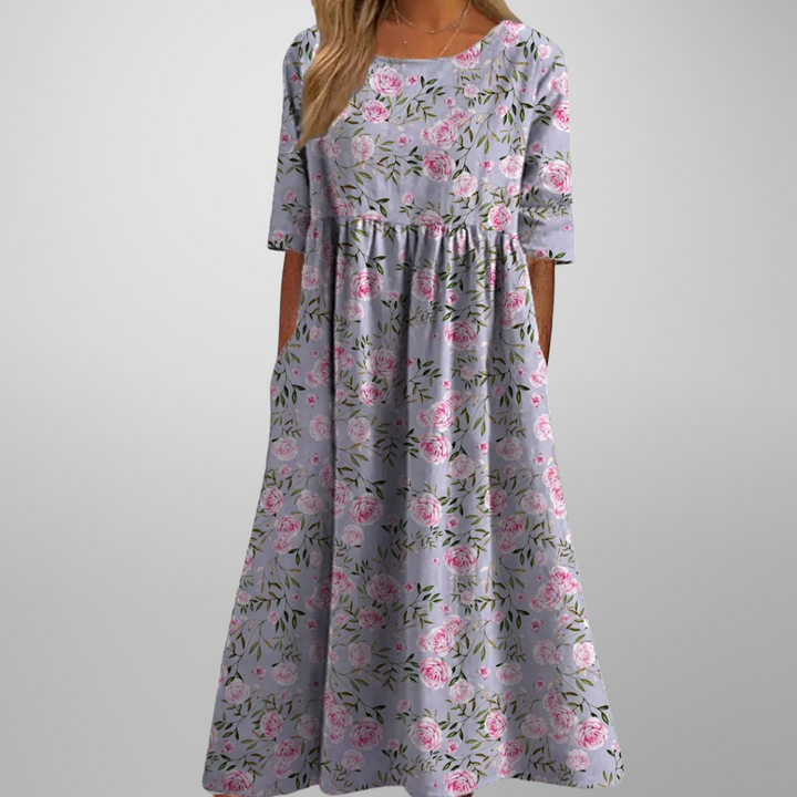 Kendra | Damen Blumenprint Midi Kleid mit Rundhalsausschnitt