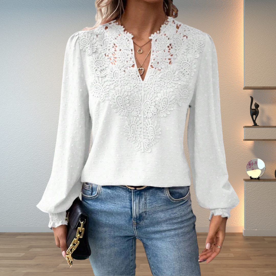 Lillian | Damen V-Ausschnitt Langarm Blusenoberteil mit Blumen-Details
