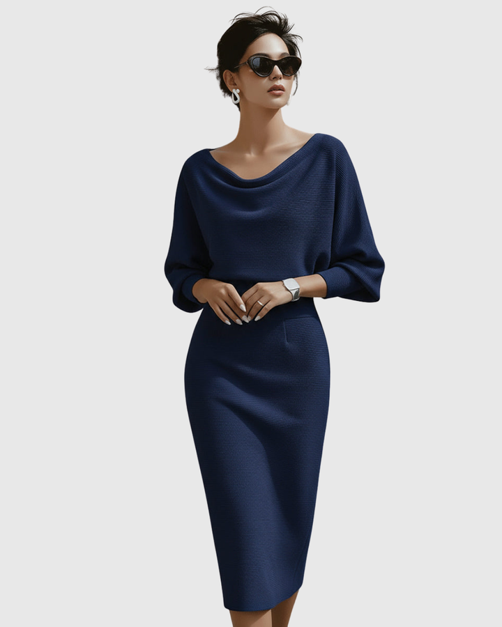 Kayla | Damen Drapiertes Gestricktes Midi-Kleid