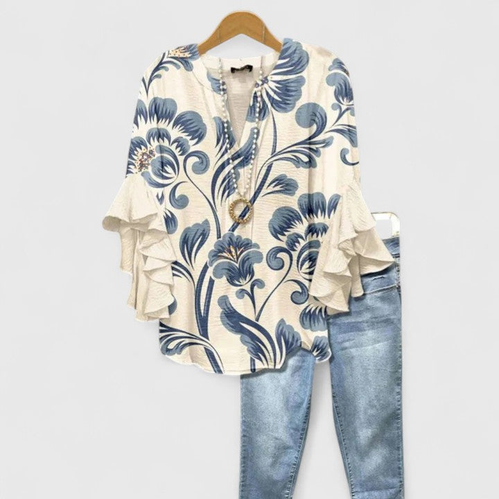 Phoebe | Dames Bloemen Ruffle Mouwen Casual Top
