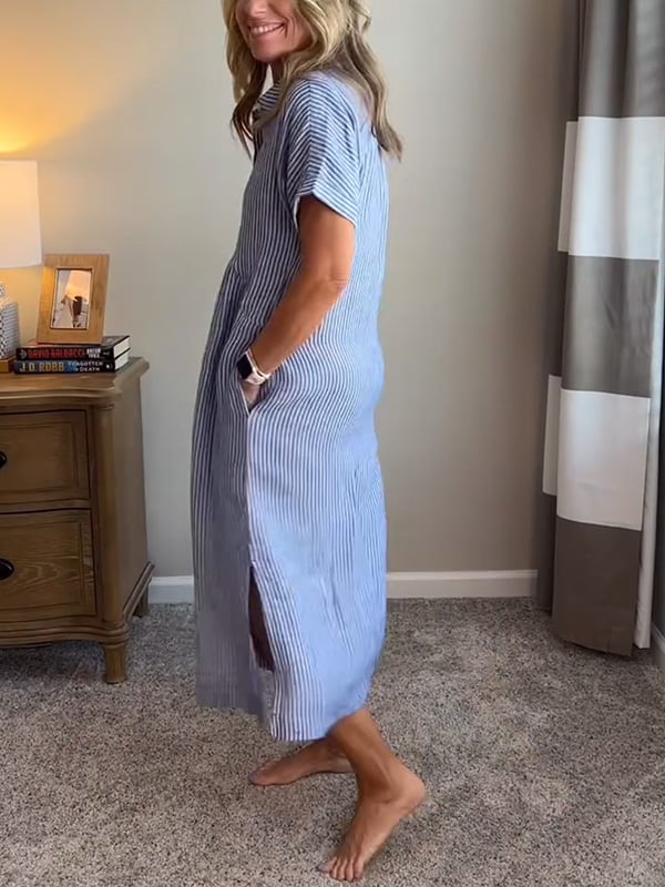 Dahlia | Damen Gestreiftes Midi Kleid mit Knopfleiste vorne