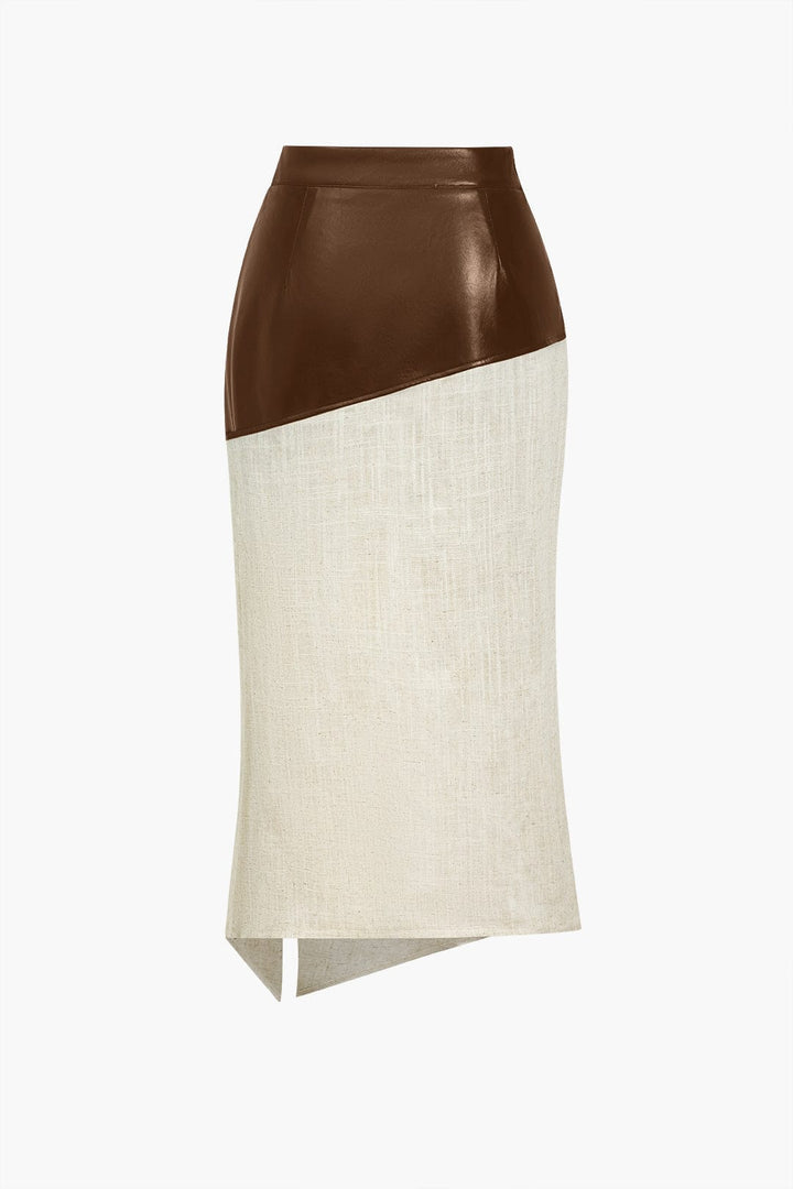Danica | Eleganter Midirock mit asymmetrischem Kunstleder- und Leinen-Design