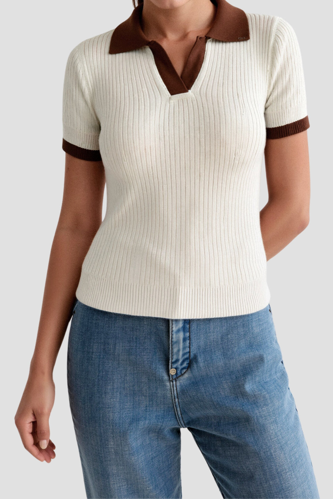 Lässiges Polo Farbblock geripptes Kragen-Stricktop