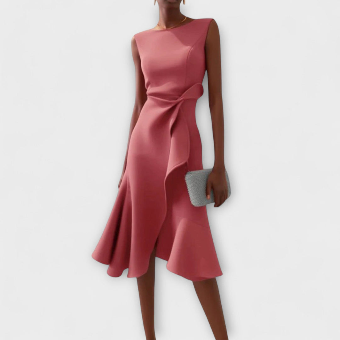 Sophia | Damen Elegantes ärmelloses Rüschen Midi Kleid