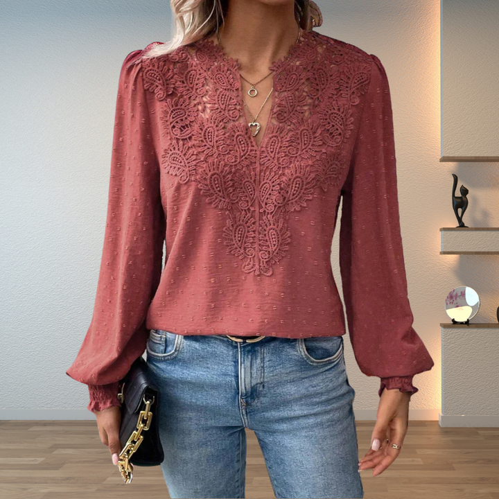 Lillian | Damen V-Ausschnitt Langarm Blusenoberteil mit Blumen-Details