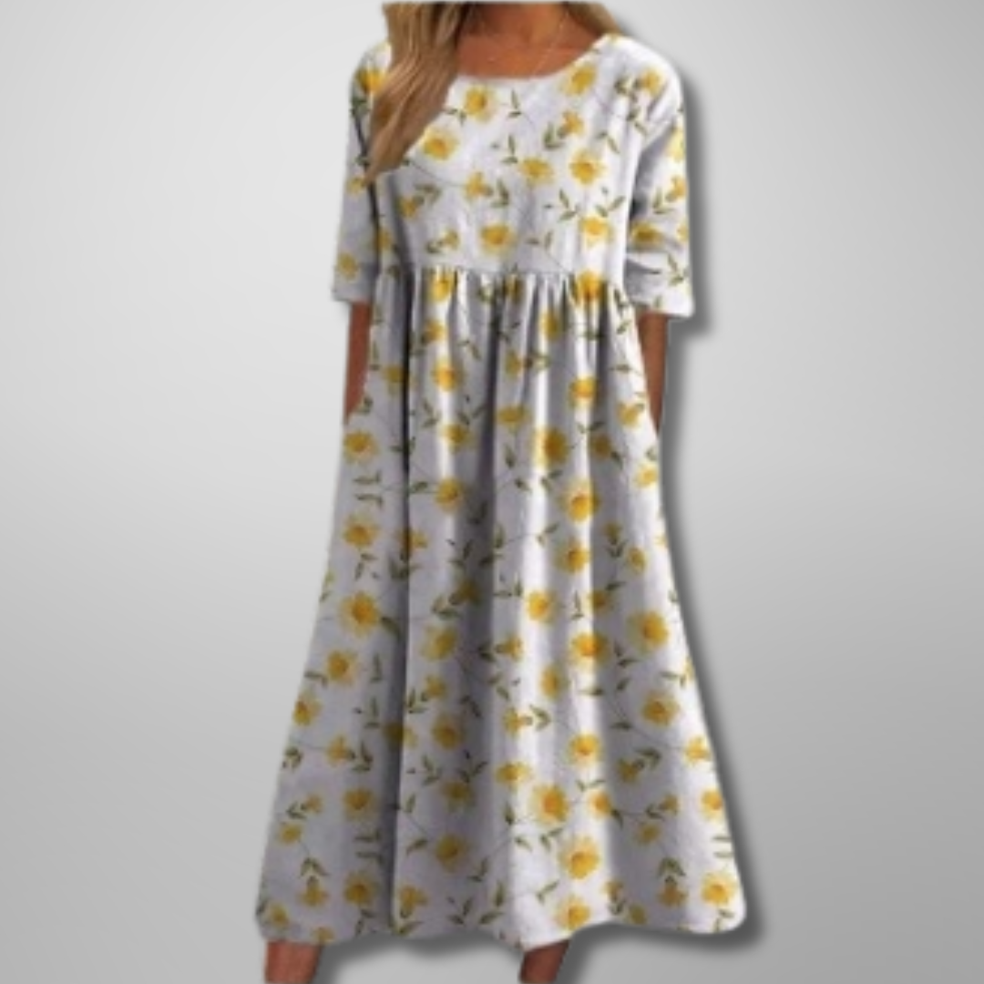 Kendra | Damen Blumenprint Midi Kleid mit Rundhalsausschnitt