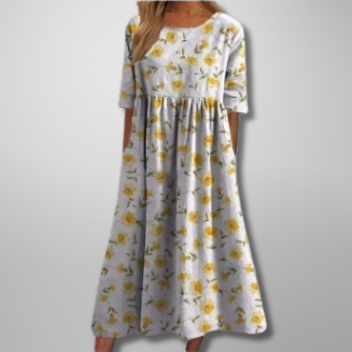 Kendra | Damen Blumenprint Midi Kleid mit Rundhalsausschnitt