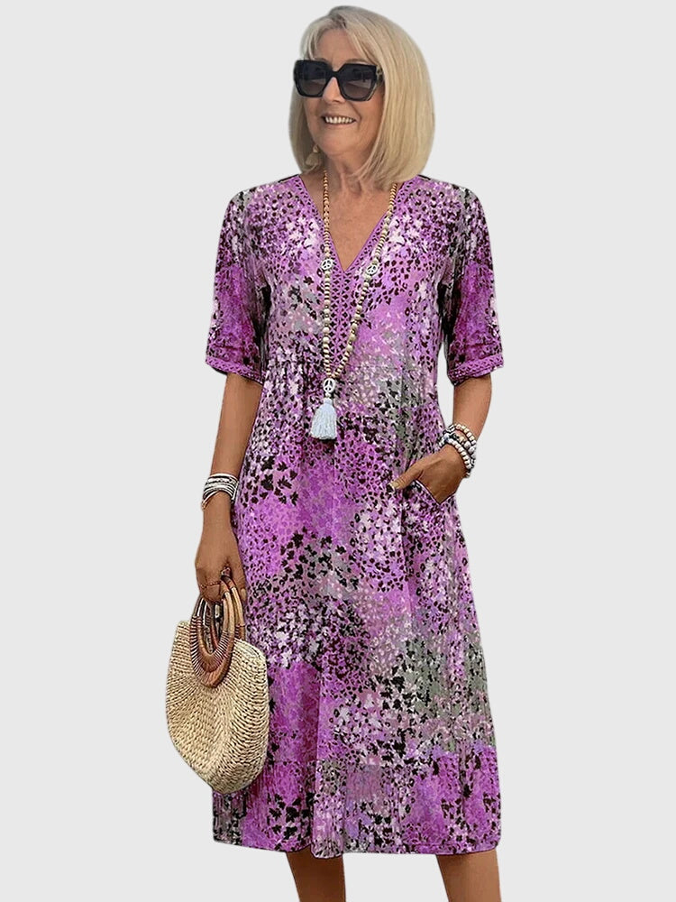 Melanie | Damen Bedrucktes V-Ausschnitt Midi-Kleid