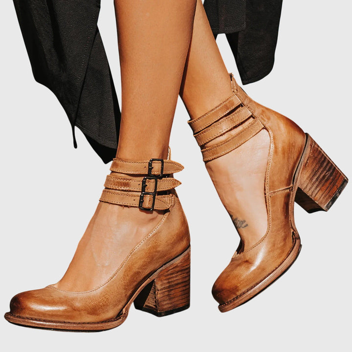 Bonnie | Damen Schnallenverschluss Knöchelriemen Stiefeletten mit Blockabsatz