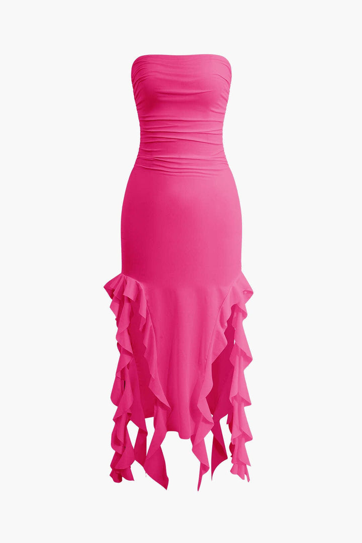 Sofia | Elegante Bandeau-Maxikleed met Volant-Details – Tijdloze Raffinement