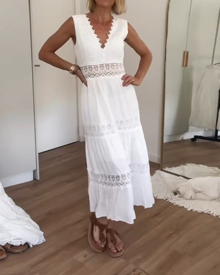 Elegantes Midi-Sommerkleid mit Spitze & V-Ausschnitt – Feminin & Luftig