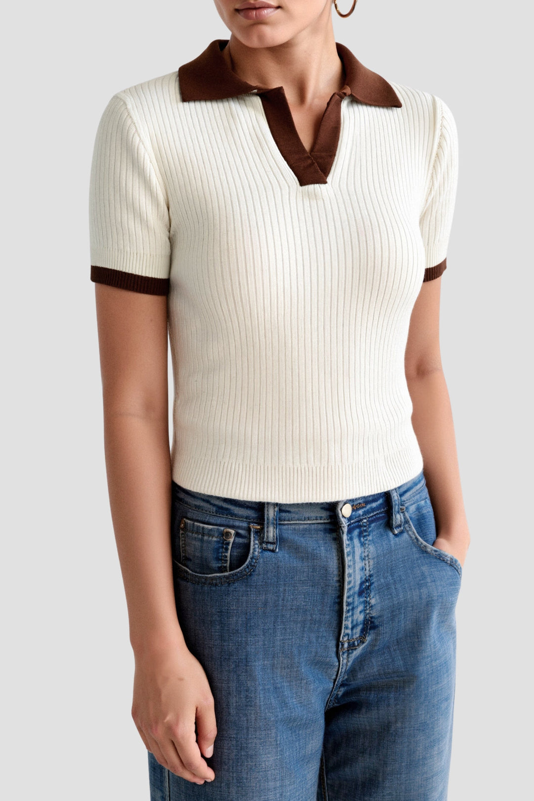 Lässiges Polo Farbblock geripptes Kragen-Stricktop