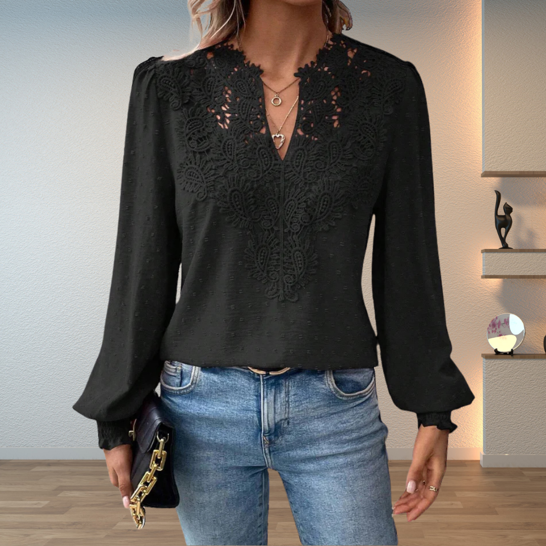 Lillian | Damen V-Ausschnitt Langarm Blusenoberteil mit Blumen-Details