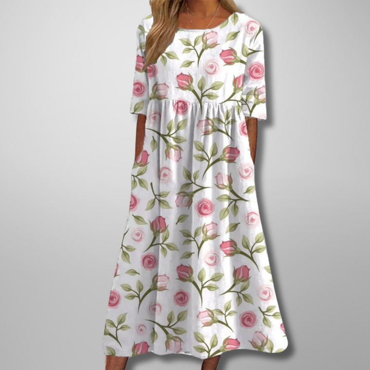 Kendra | Damen Blumenprint Midi Kleid mit Rundhalsausschnitt