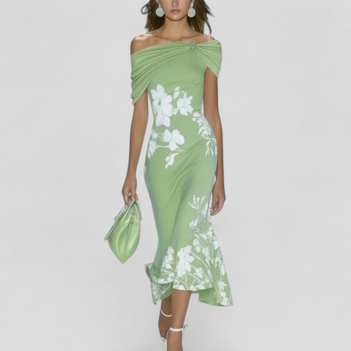 Jane | Damen Blumen Off-Shoulder Midi Kleid