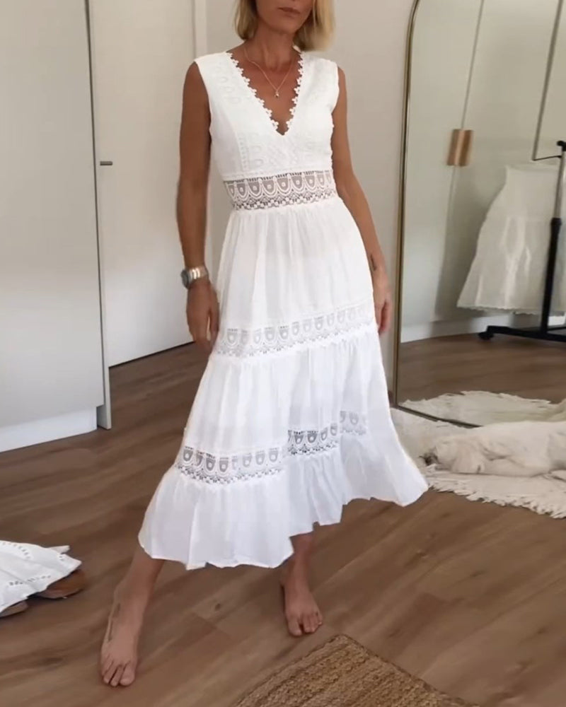 Elegantes Midi-Sommerkleid mit Spitze & V-Ausschnitt – Feminin & Luftig