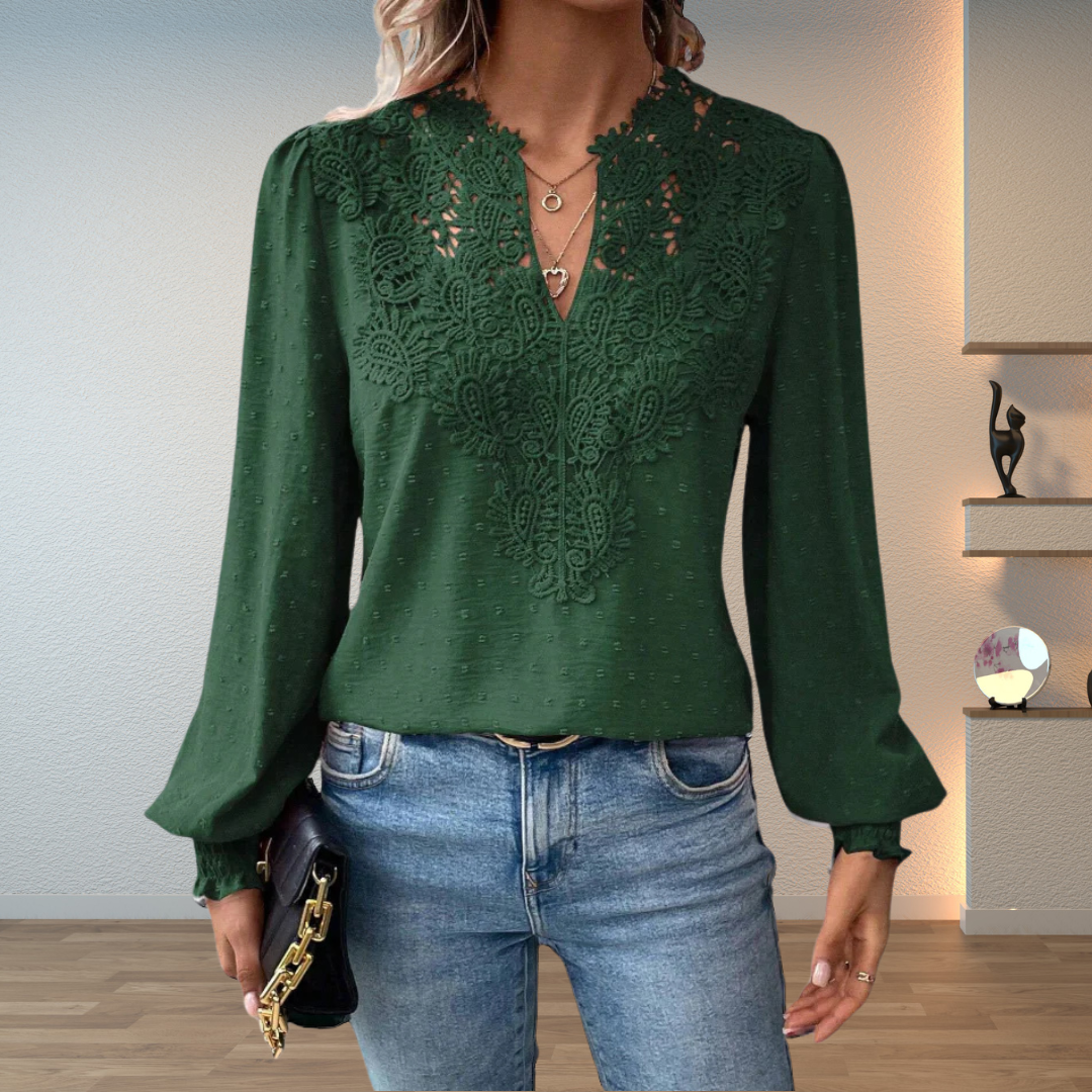 Lillian | Damen V-Ausschnitt Langarm Blusenoberteil mit Blumen-Details