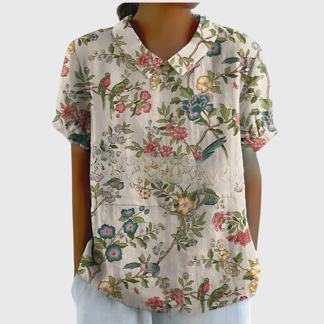 Ella | Damen Blumen Kragen Kurzarm Bluse