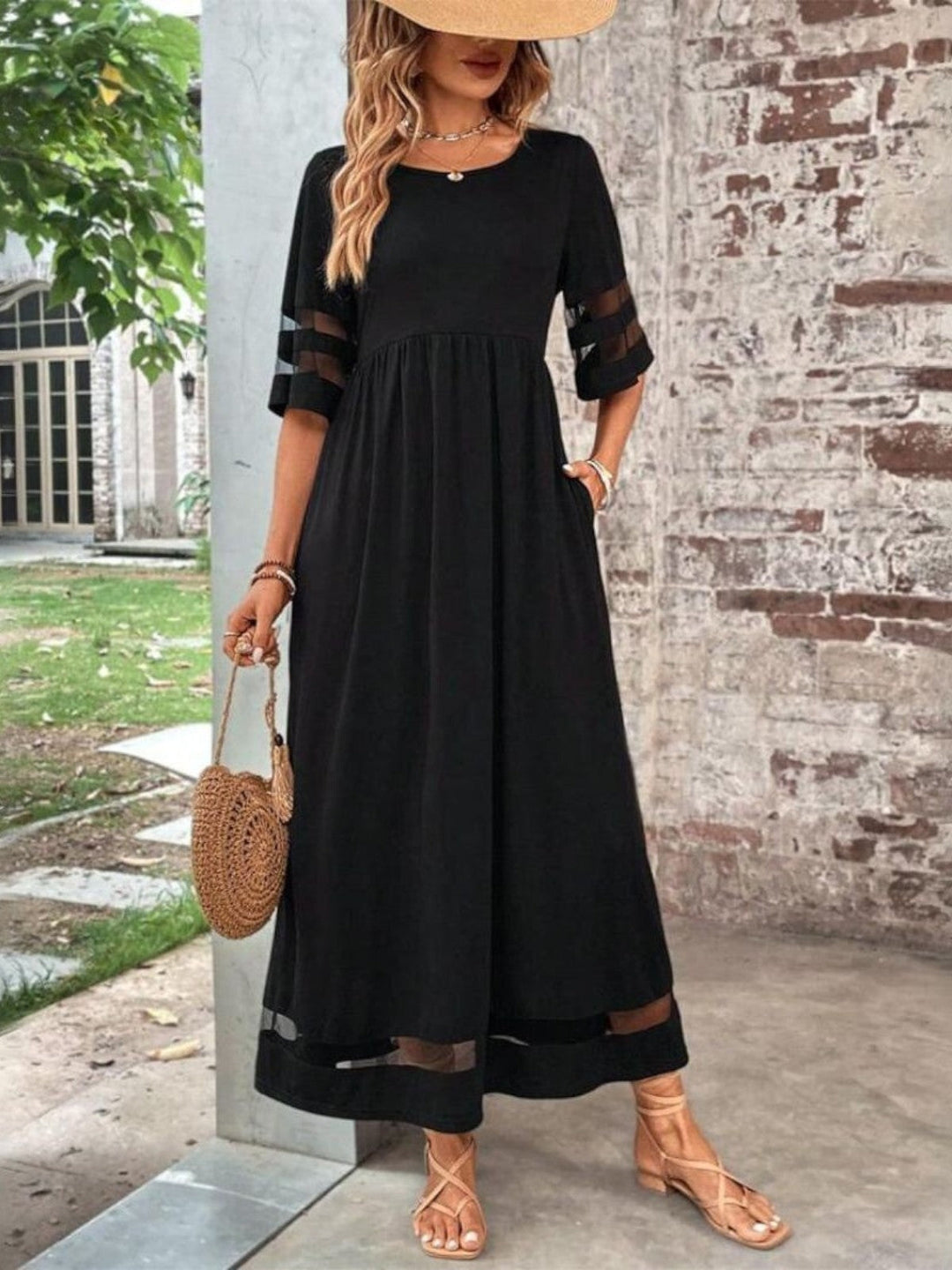 Lucy | Damen Elegantes Maxikleid mit transparenten Einsätzen