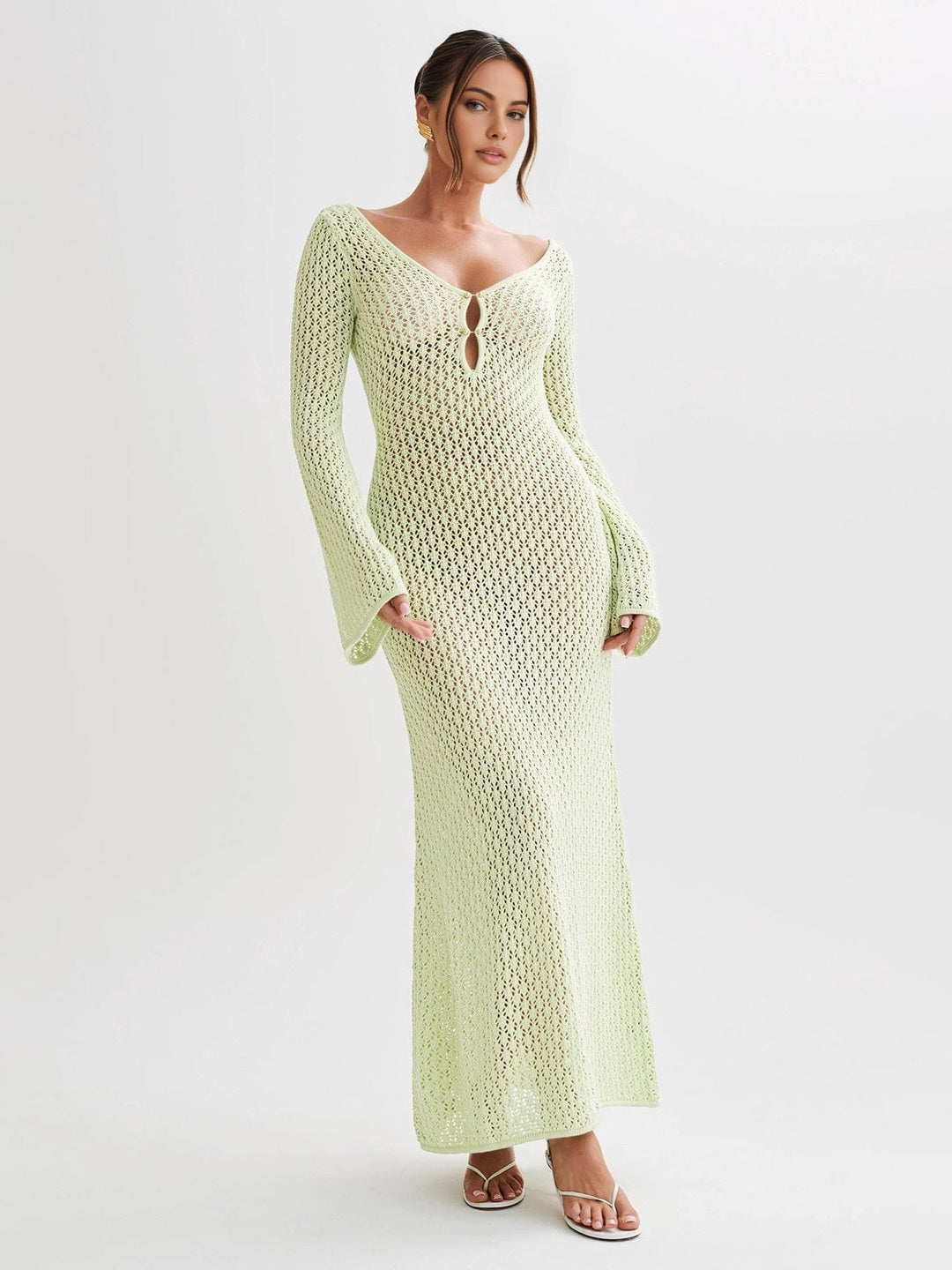 Greta | V-hals Gehaakt Maxikleed met Belmouwen – Boho-Chic voor de Zomer