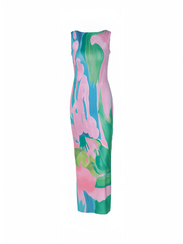 Isla | Ärmelloses Maxikleid mit Aquarelldruck – Künstlerische Eleganz