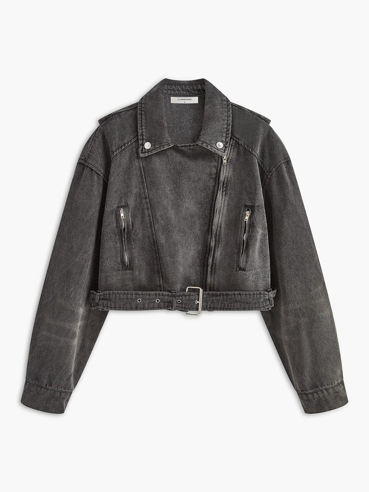 Lara | Schwarze Cropped Bikerjacke aus Denim – Für den ultimativen Rock-Chic Look