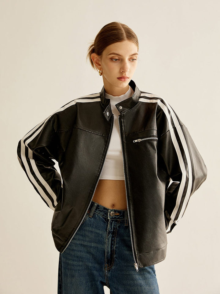 Noah | Schwarze Lederjacke mit kontrastierenden Streifen