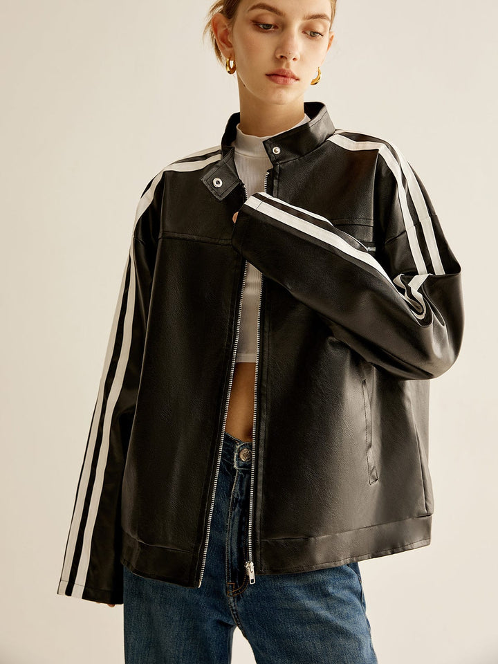 Noah | Schwarze Lederjacke mit kontrastierenden Streifen