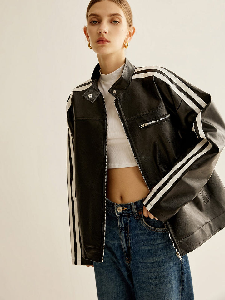 Noah | Schwarze Lederjacke mit kontrastierenden Streifen