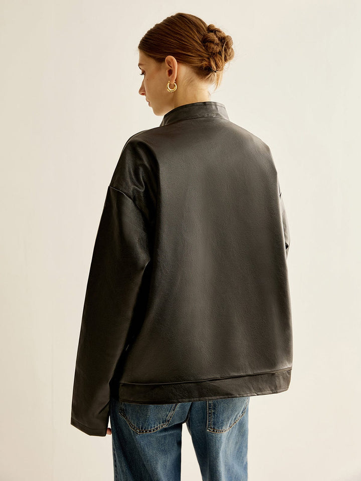 Noah | Schwarze Lederjacke mit kontrastierenden Streifen