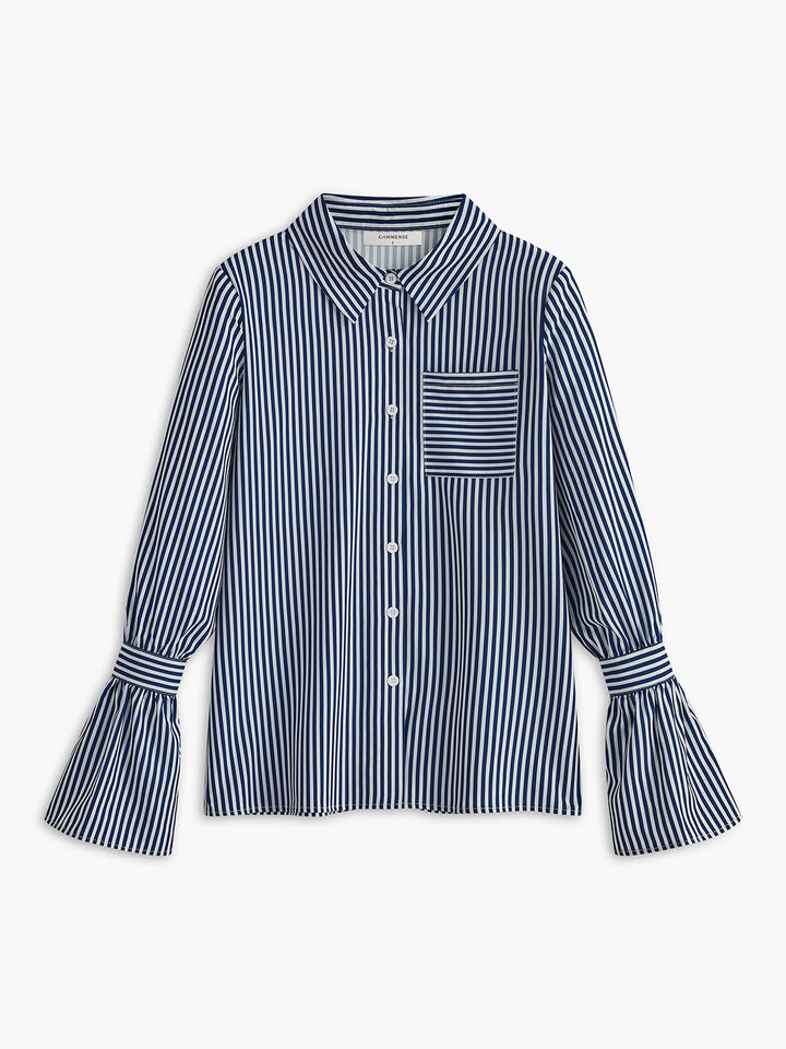 Gestreepte Damesblouse in Marineblauw met Uitlopende Mouwen