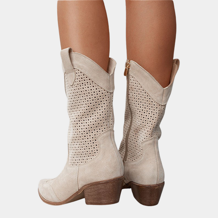 Chelsea | Damen Perforierte Mid-Calf Stiefel mit Blockabsatz