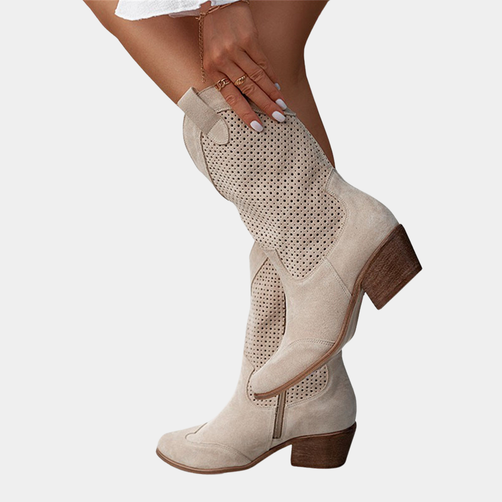 Chelsea | Damen Perforierte Mid-Calf Stiefel mit Blockabsatz