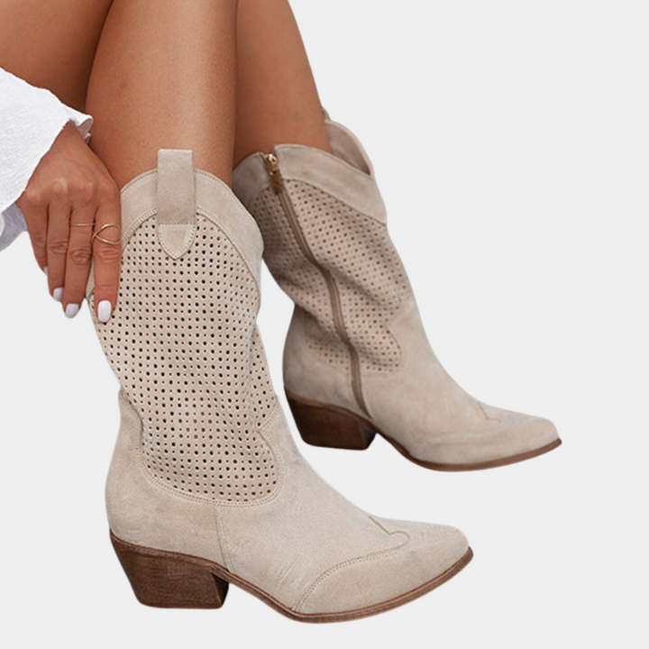 Chelsea | Damen Perforierte Mid-Calf Stiefel mit Blockabsatz